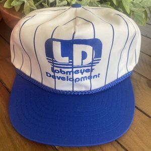NOS Lobmeyer Development LD Vintage White w/ Blue Pinstripe Snapback Rope Hat‎
